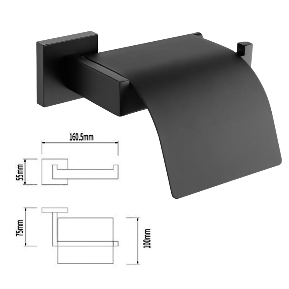 Black Toilet Paper Holder 304 Stainless Steel Wall Mounted Square Kitchen Bathroom Paper Towel Holder Cover Shelf Tissue  Rack