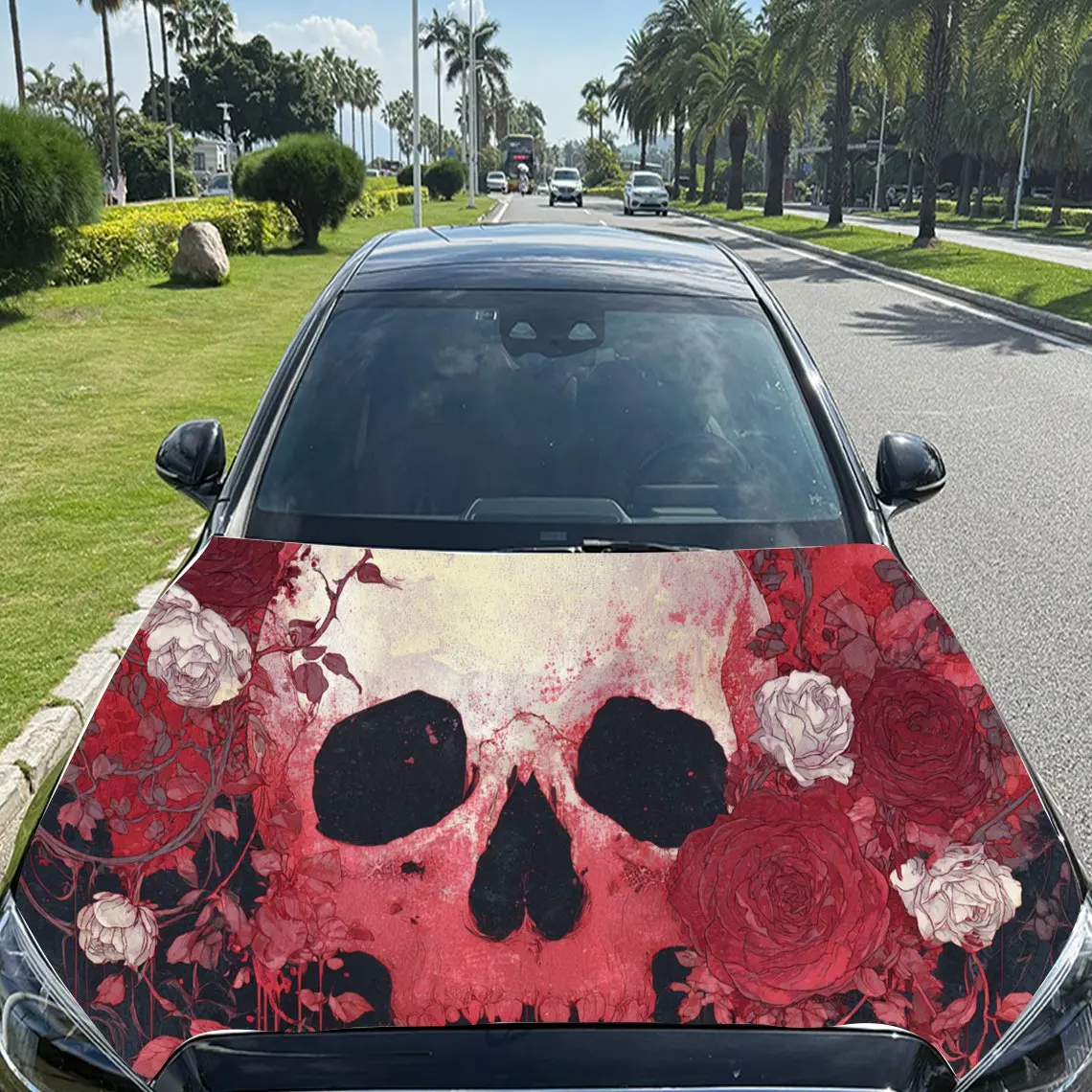 ملصقات غطاء السيارة على شكل جمجمة حمراء مذهلة مع لهجات الأزهار - لفافة فينيل ذاتية اللصق ومقاومة للماء ومتينة، وتزيين وتحمي #3