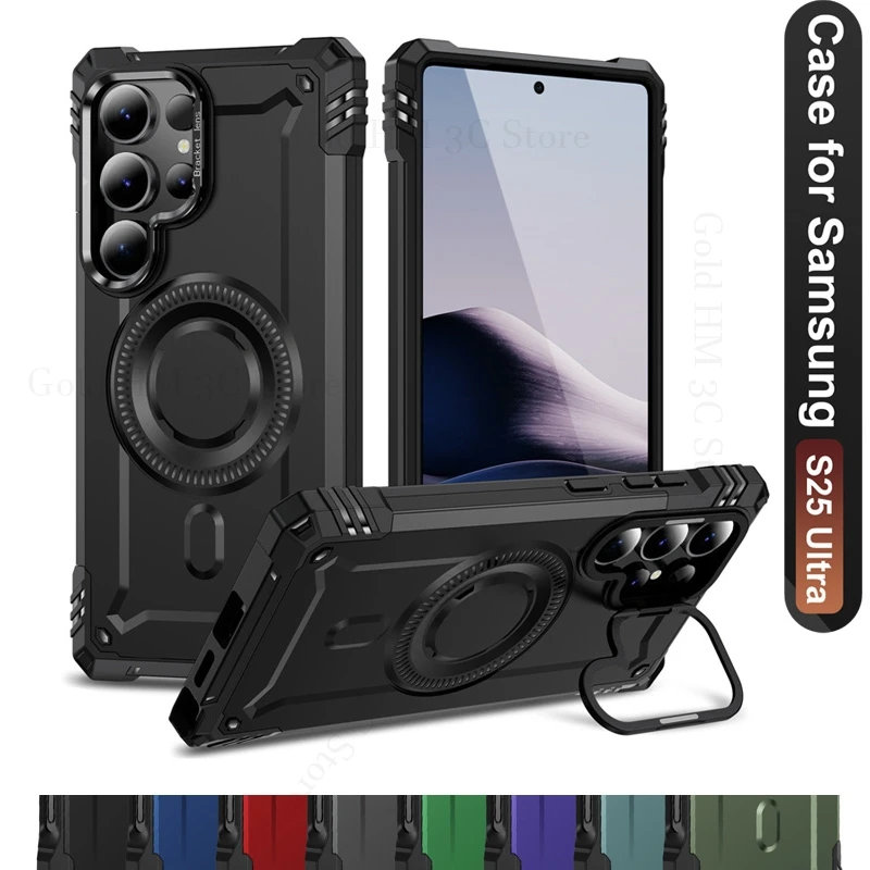 

Military Armor Shockproof Magsafing Case For Samsung S24 Ultra S25 Edge Magnetic Flip Lens Kickstand Cover For Galaxy S25 Ultra
