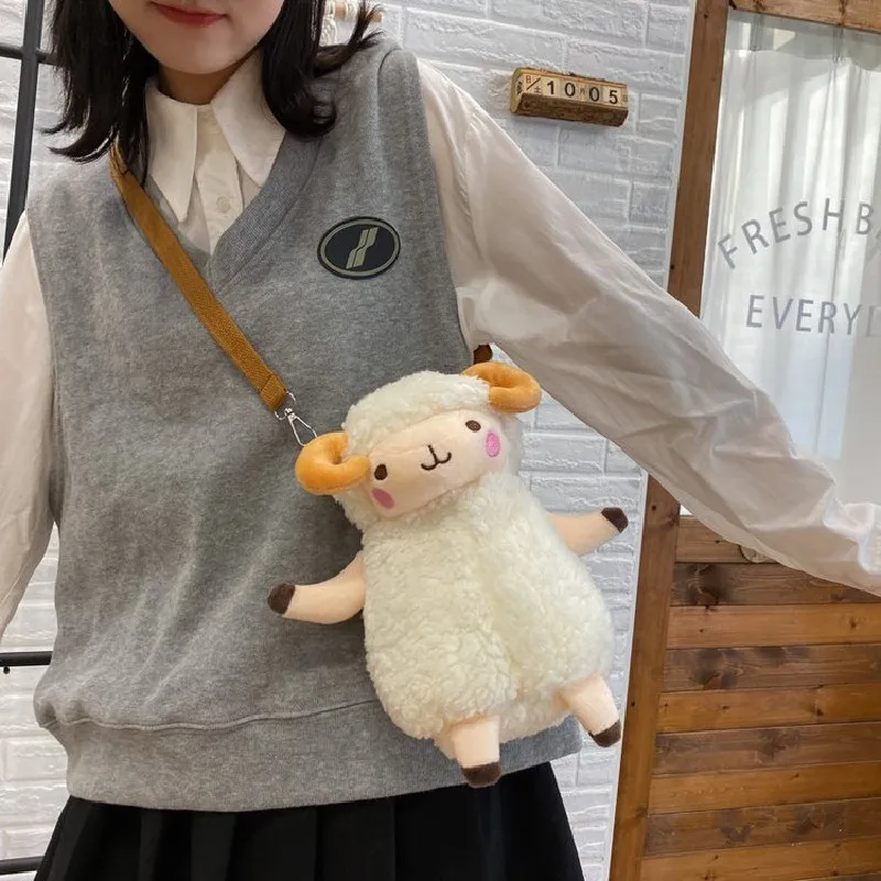 Women New Cute Funny Plush Little Sheep Shoulder Bag Girl Doll Messenger Bag Children Korean Cartoon Bag Plush Bags for Women