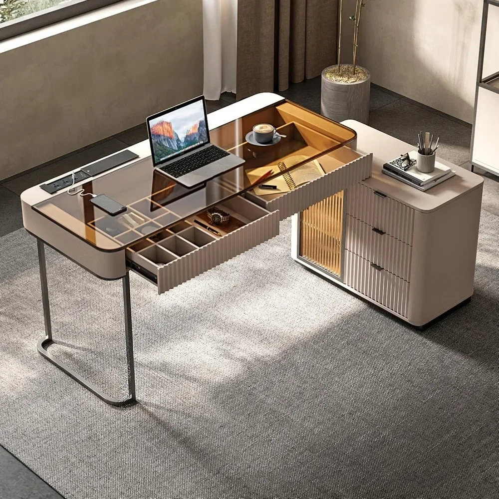 Computer Desk with Five Large Storage Drawers, Compartmentalized Storage, Built-in LED Lights, Home Telescopic Writing