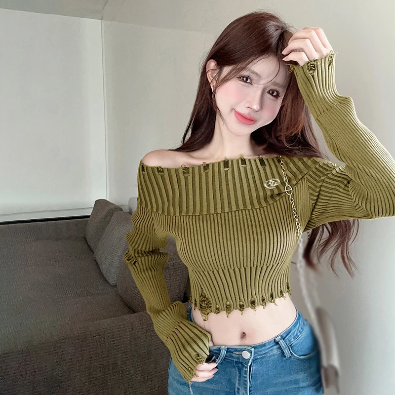 Autumn Women\'s Sweater Solid Colour Off Shoulder Hole Fashion Slim Sexy Expose Navel Knitted Long Sleeves Pullover