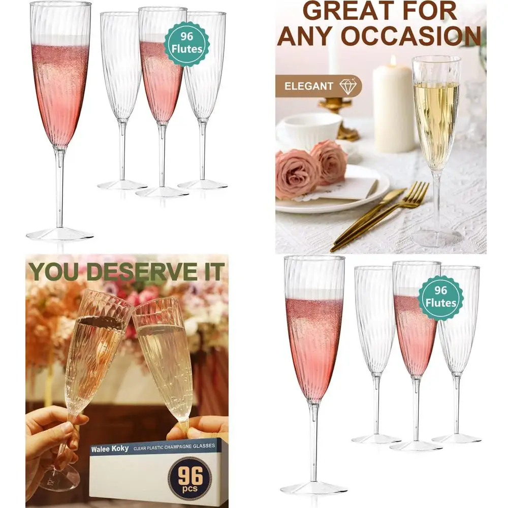 

96 Pack Clear Plastic Champagne Flutes - Disposable Reusable Cups for Parties, Weddings, Birthdays, and Toasts (6 oz)