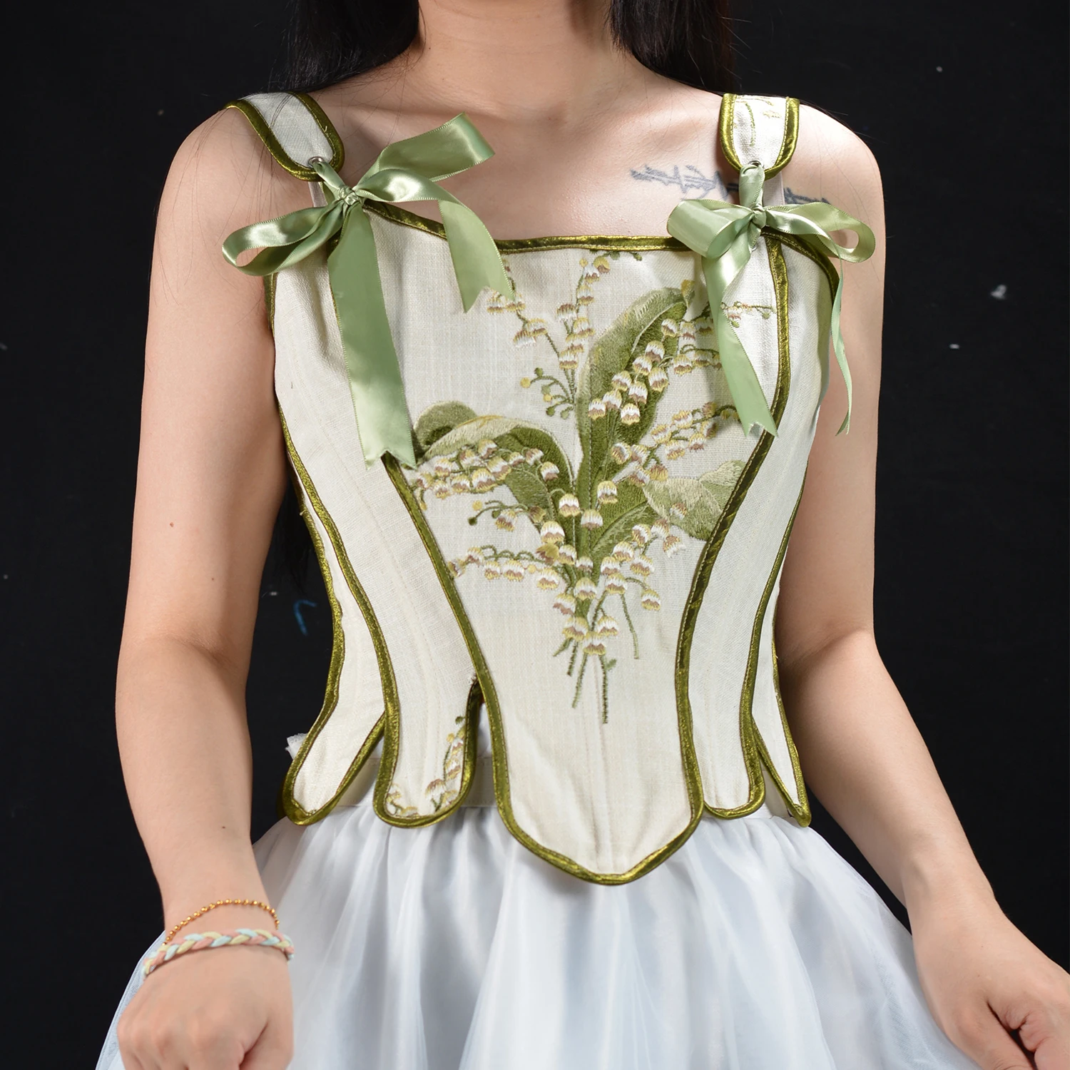 Green Lily Of The Valley Embroidered Sleeveless Corset Top Lace Up Straps Vest Designer Original Overbust Bustier