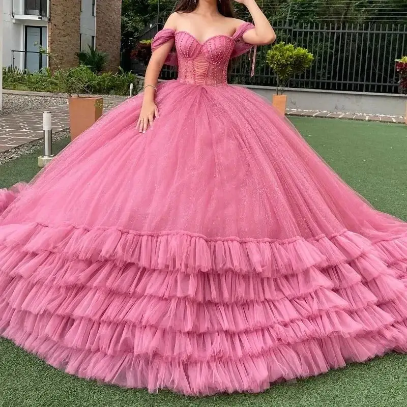 

Pink Shiny Princess Ball Gown Quinceanera Dresses Off The Shoulder Beading Tull Tiered Birthday Party Vestidos De 15 Anos Sweet