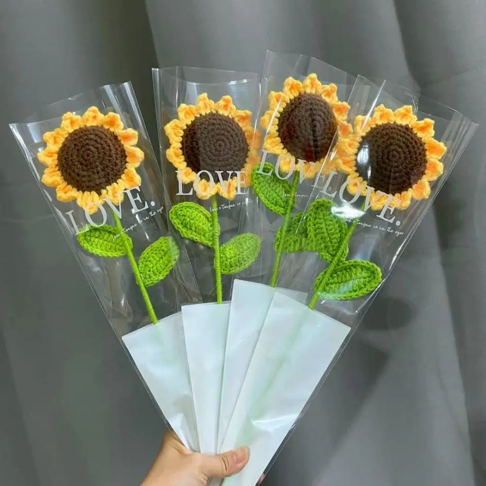 Decorate House Finished Product DIY Iraqi Cotton Hand-knitted Sunflower Bouquet Vase Ornament Knited Flower Table Fake Flowers