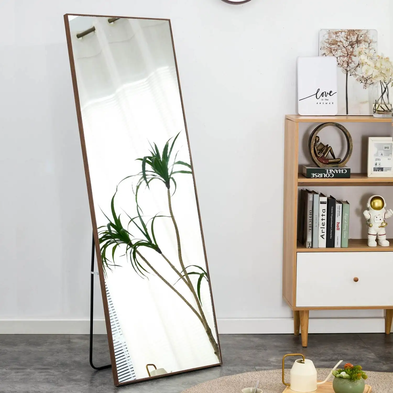 Brown Solid Wood Frame Full-length Mirror, Dressing Mirror, Bedroom Home Porch, Decorative Mirror, Clothing Store, Floor Mounted