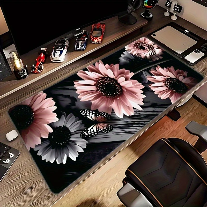 Pink and Gray Sunflower Butterfly Extra Large Mouse Pad Durable Rubber Desk Mat for Office Gaming