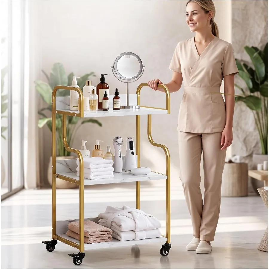 3-Tier Rolling Cart with Locking Wheels and Armrests, Beauty Storage