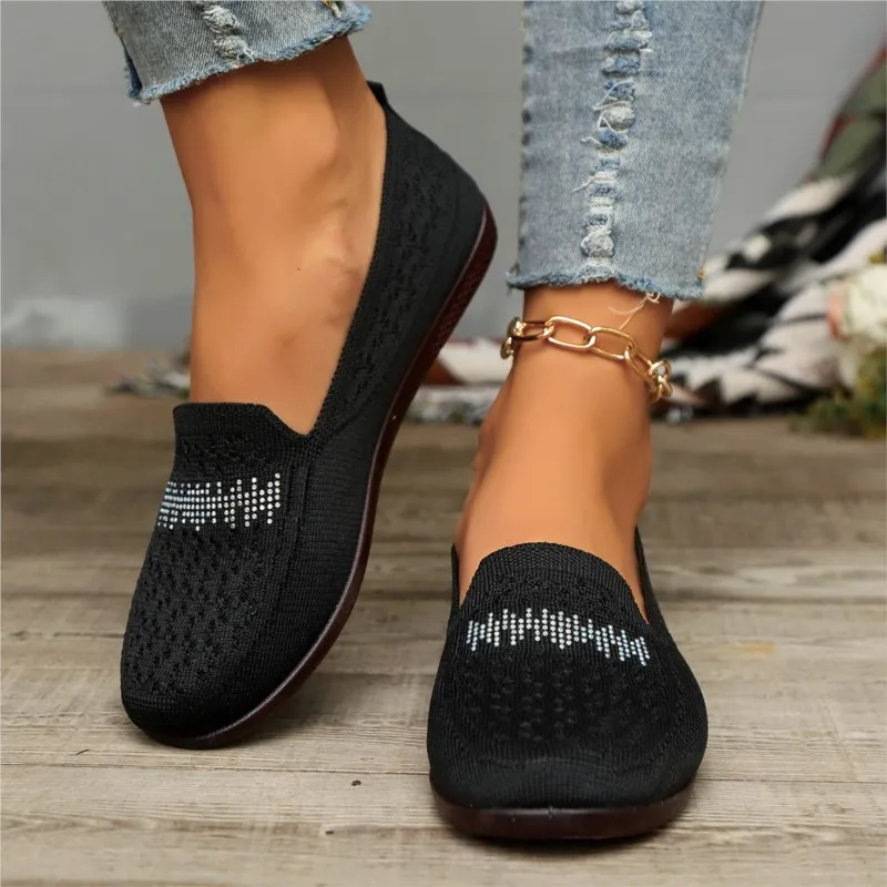 2024 Mesh Ballet Flats Women Square Toe Daily Loafers Breathable Flats Driving Sneakers Boat Shoes Flats Rhinestone Mommy Shoes