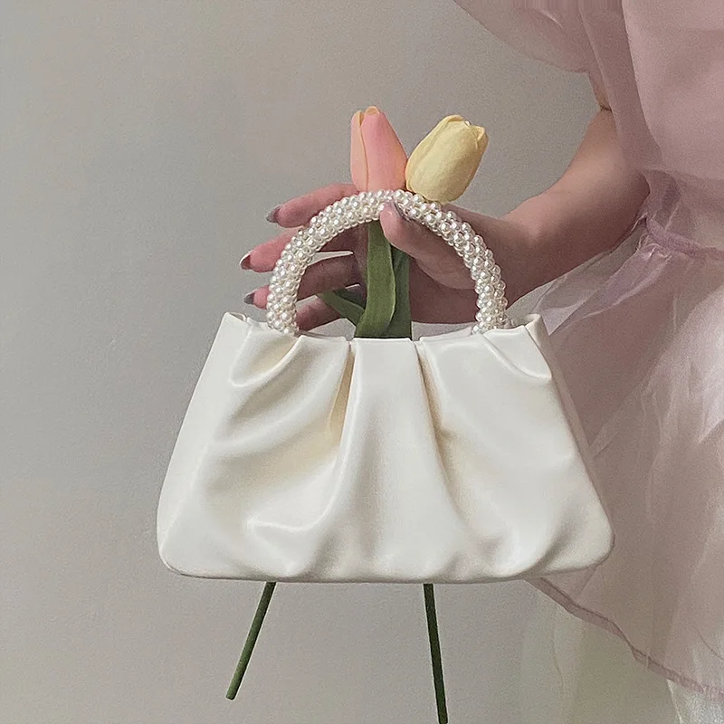

2024 Pearl Small Handbag Folds All-match New Fashion Cloud Mobile Phone Bag Shoulder Messenger Mini Small Bag Dropshipping