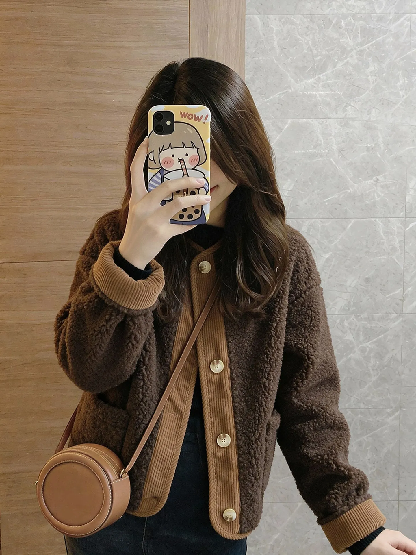 

Winter New Sle Coffee Lamb Fur Jaet mat Commute Long Sve Women's Faionable Versatile Korean Straight Cut Coat