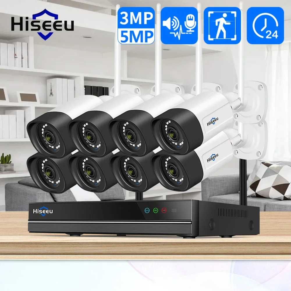 Hiseeu 10-Kanal Drahtloses Set NVR Outdoor Wasserdicht IP66 3/5MP IP-Kamera Farbnachtsicht P2P Personenerkennung Zwei-Wege-Audio WLAN Outdoor-Sicherheits-CCTV-System