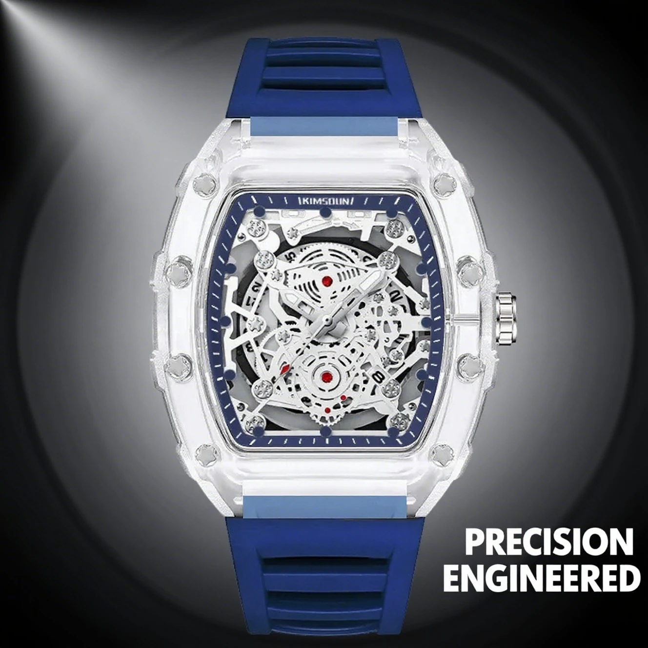 Reloj informal de moda para hombre, Esfera luminosa, función de calendario, correa de silicona duradera, caja transparente con forma de Tonneau, reloj de cuarzo