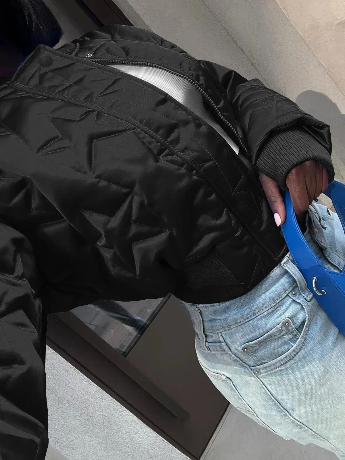 

Women's Fashion Long Sleeve Zipper Short Quilted Coat Autumn Winter Cotton Padded Stars Bomber Jackets 2025 Girls Varsity Jacket