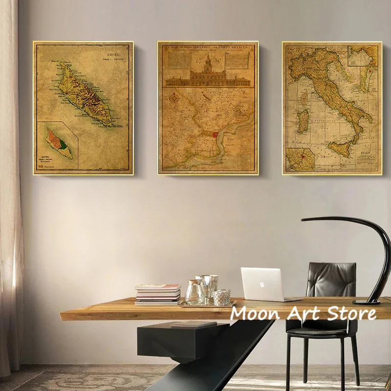 Vintage Country Map Poster Italy UK Australia Canvas Painting Printed Wall Art Picture Living Room Bedroom Decoration Gift