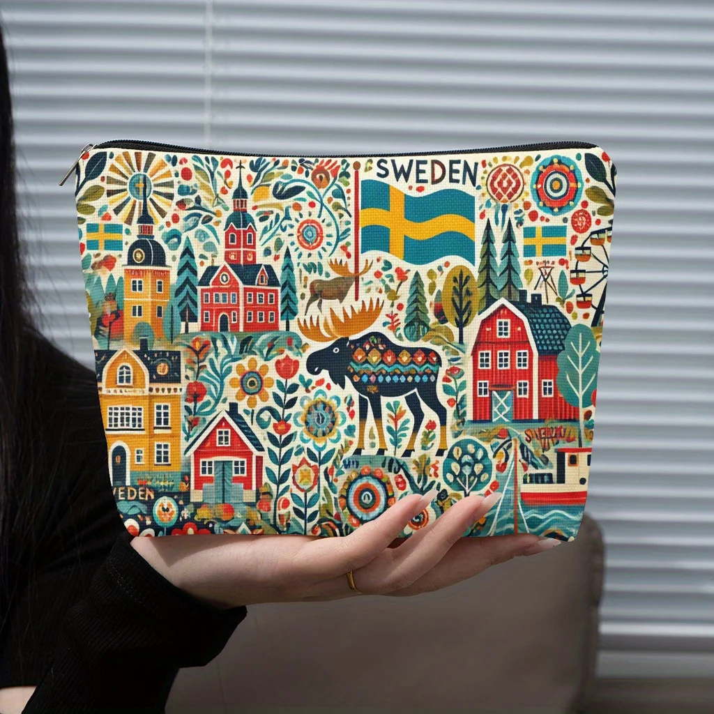 スウェーデンをテーマにした化粧ポーチ - 女性用多機能ジッパーポーチ、ジュエリー収納バッグ、旅行に最適なジッパー付き小型収納バッグ。