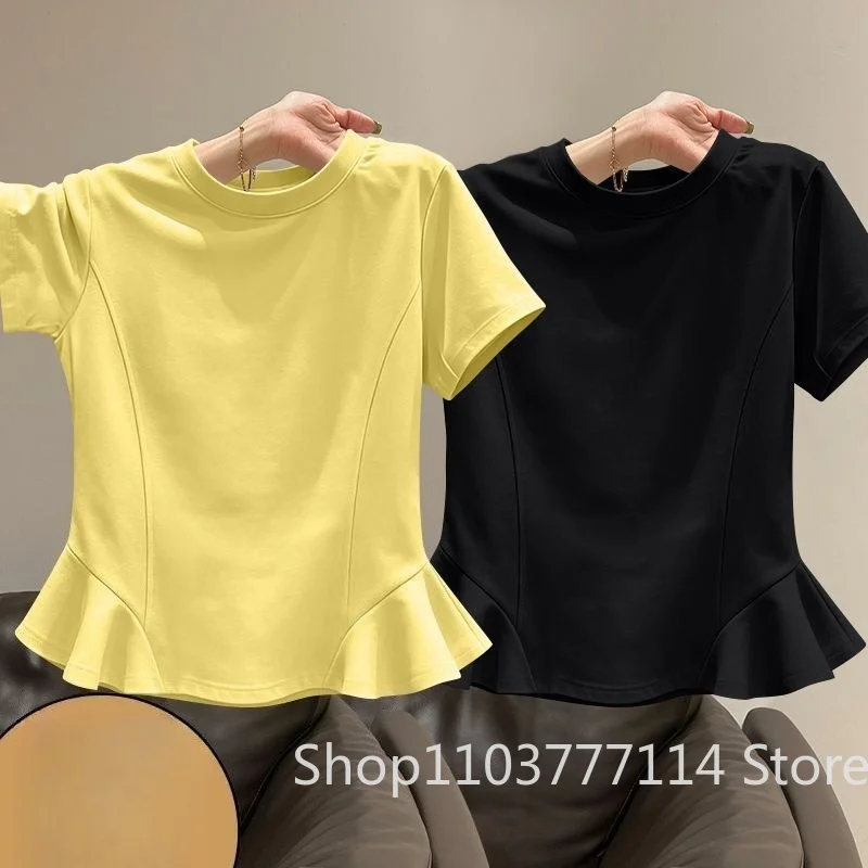 Sommerliches Damen-T-Shirt mit kurzen Ärmeln, einfarbig, lässige Kleidung, koreanische Version, schmal geschnitten, modisches Rundhals-Oberteil mit Rüschen – Detail 1