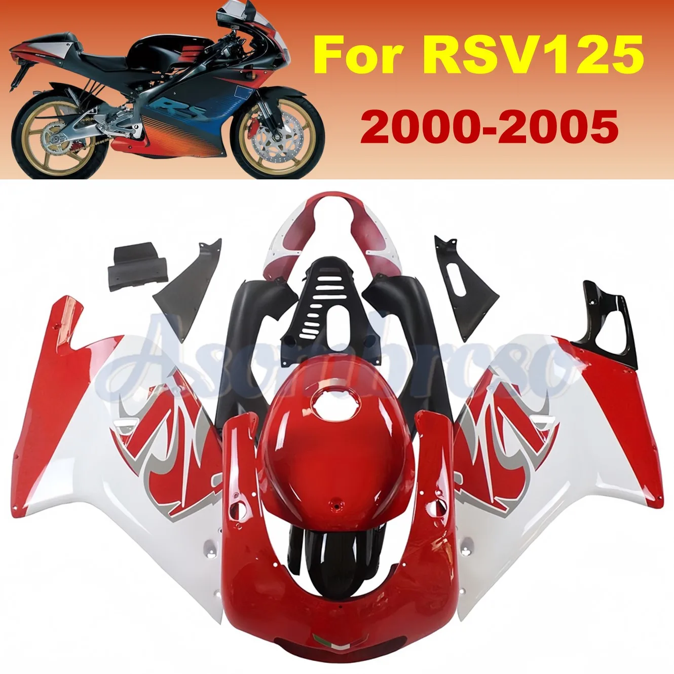 أطقم هيكل مصبوبة للحقن للدراجات النارية لأبريليا RS4 RS125 2000 2001 2002 2003 2004 2005 RSV 125 انسيابية باللون الأحمر والأبيض