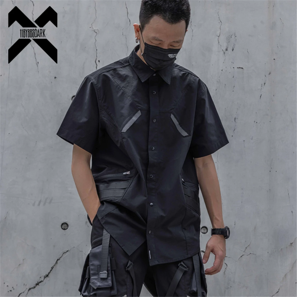 Men Tactical Cargo Shirts 2023 Summer Short Sleeve Functional Shirt Coat Loose Harajuku Tops Black Techwear