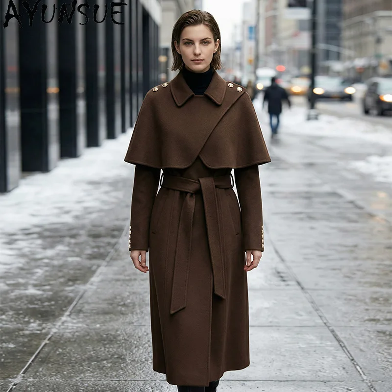 AYUNSUE Women's 100% Wool Coat Fashion Commuting Cape Jacket Woman Lace-up Long Outerwear Woman Clothes Autumn Winter Ropa Mujer