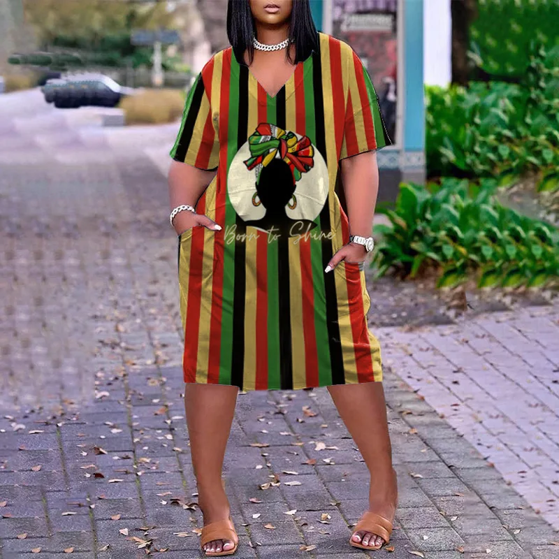 

Plus Size Women's Dress Geometric Head Printed Short-Sleeved V Neck Fitted Skirt