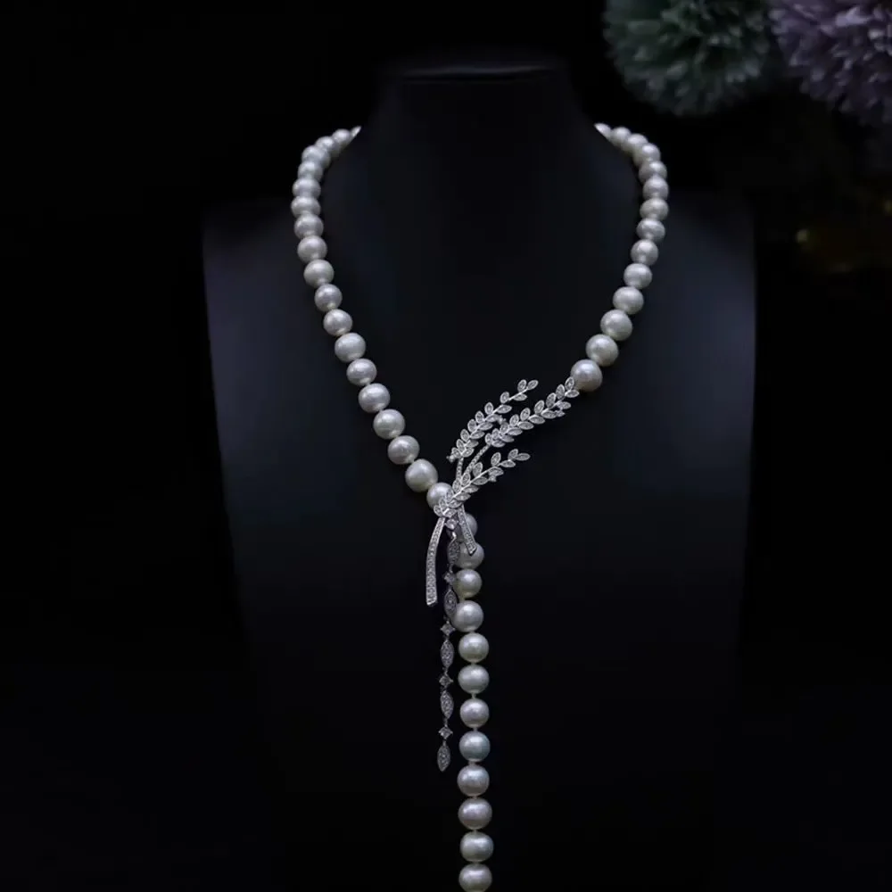 Women's Natural Freshwater Pearl Sweater Chains Light Luxury Wheat Ear Flower Buckle Pearl Necklace Jewelry