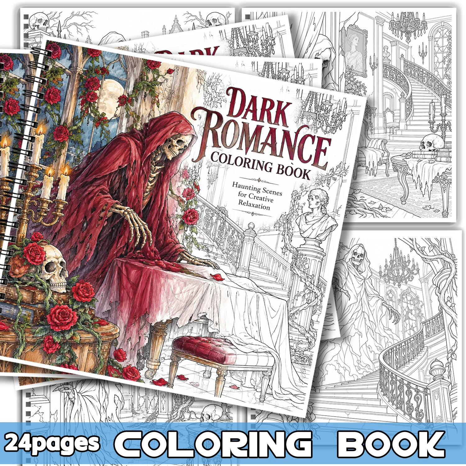 Spiral Dark Romance Coloring Book, 24 Pages Haunting Scenes for Adults & Teens, Showcasing Creativity & Relieving Stress
