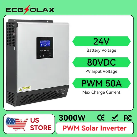 ECGSOLAX 3KVA Hybrid Solar Inverter 24V 110V Built-in 50A PWM Solar Charge Controller 2400W Pure Sine Wave Solar Hybrid Inverter