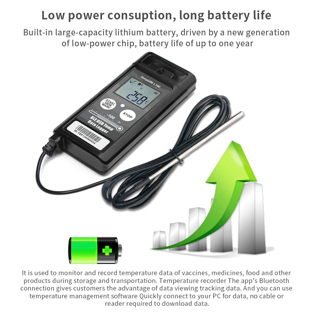 Registratore di dati di temperatura USB Bluetooth con sonda di temperatura esterna registratore di dati criogenici rapporto PDF formato per catena