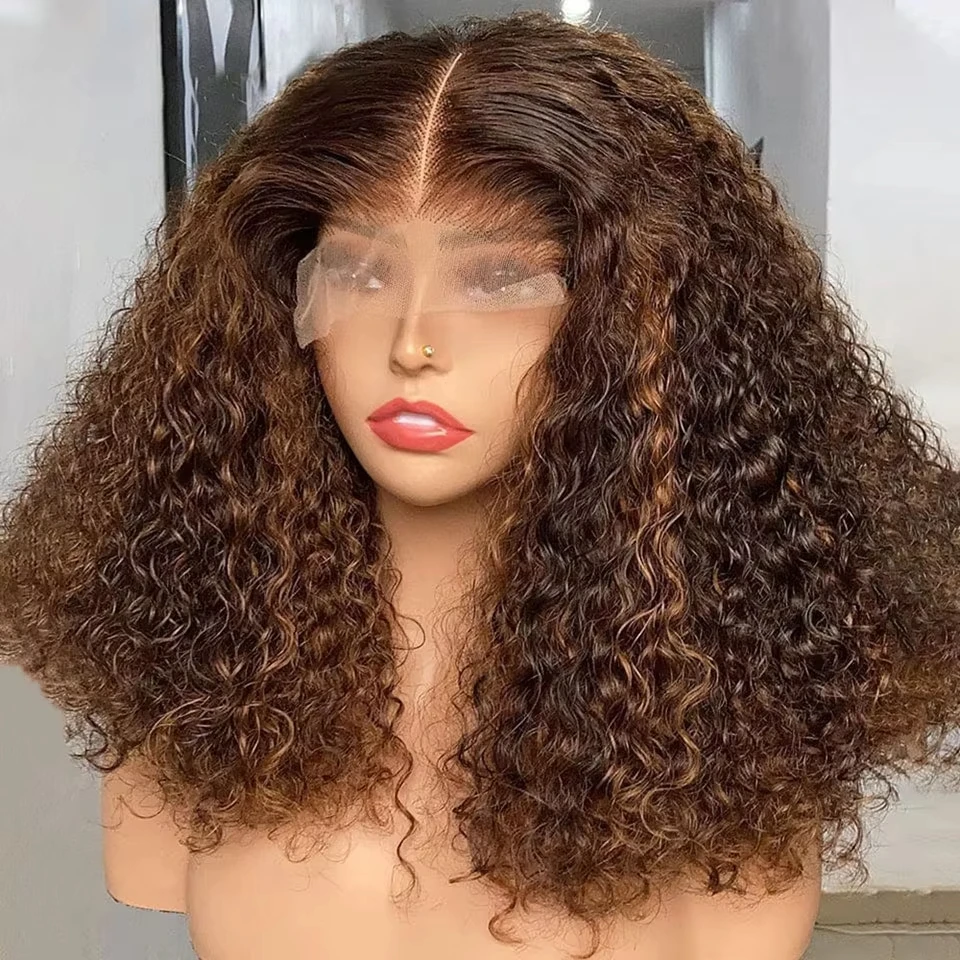 250% الكثافة تسليط الضوء على شعر مستعار جيري شعر بشري مجعد 13X4 الدانتيل الباروكات الأمامية للنساء P4/27 الملونة غلويليس الهندي 4x4 إغلاق شعر مستعار