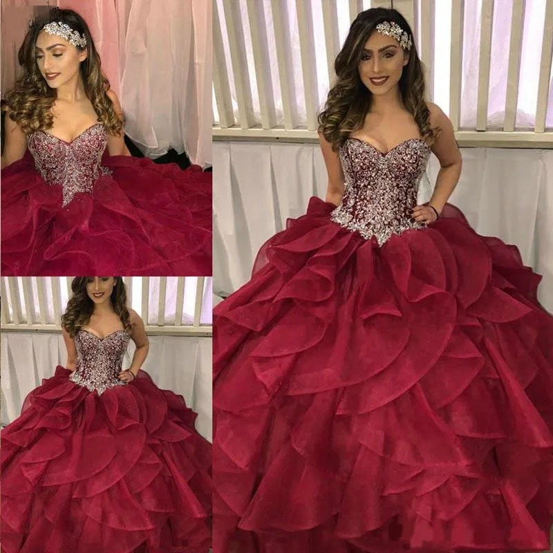 Angelsbridep Burgundy Crystals Ball Gown 15 Year Old Dress For Young Quinceanera Dresses Sweetheart Ruched Evening Party Dress