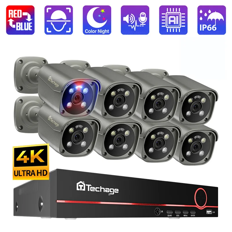 Techage H.265 8CH 5MP 8MP 4K POE Camera System AI Full Color Night VIsion Face Detection CCTV Video Security Surveillance Kits