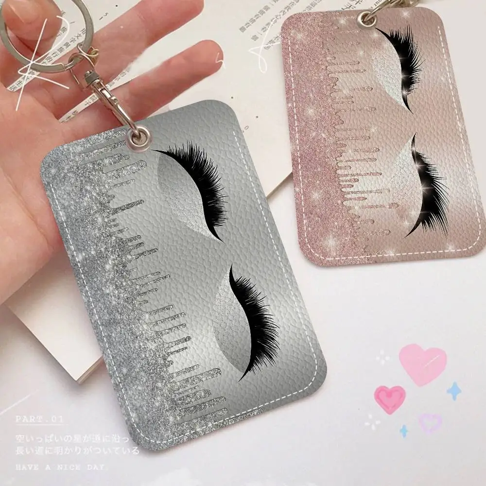 Glitter Eyelashes Card Holders Student ID Card Protective Cover Cases Student Campus Access Cards Key Chain Anti-lost