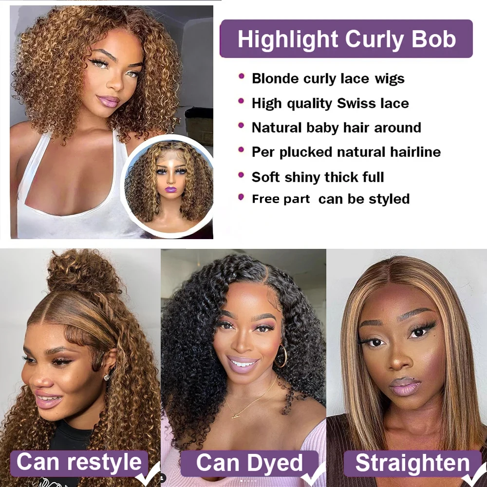 Ombre Highlight P4/27 Peruvian Remy Hair Short Bob Human Hair Wigs Blonde Wig Deep Curly Bob Wig 13x4 Lace Front Wigs For Women