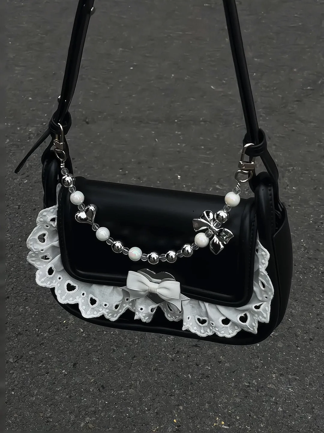 Black Love Lace Underarm Bag Pearl Bow Chain Sweet Cool Lolita Shoulder Bag Fashion Exquisite Y2k Women's Small Square Bag