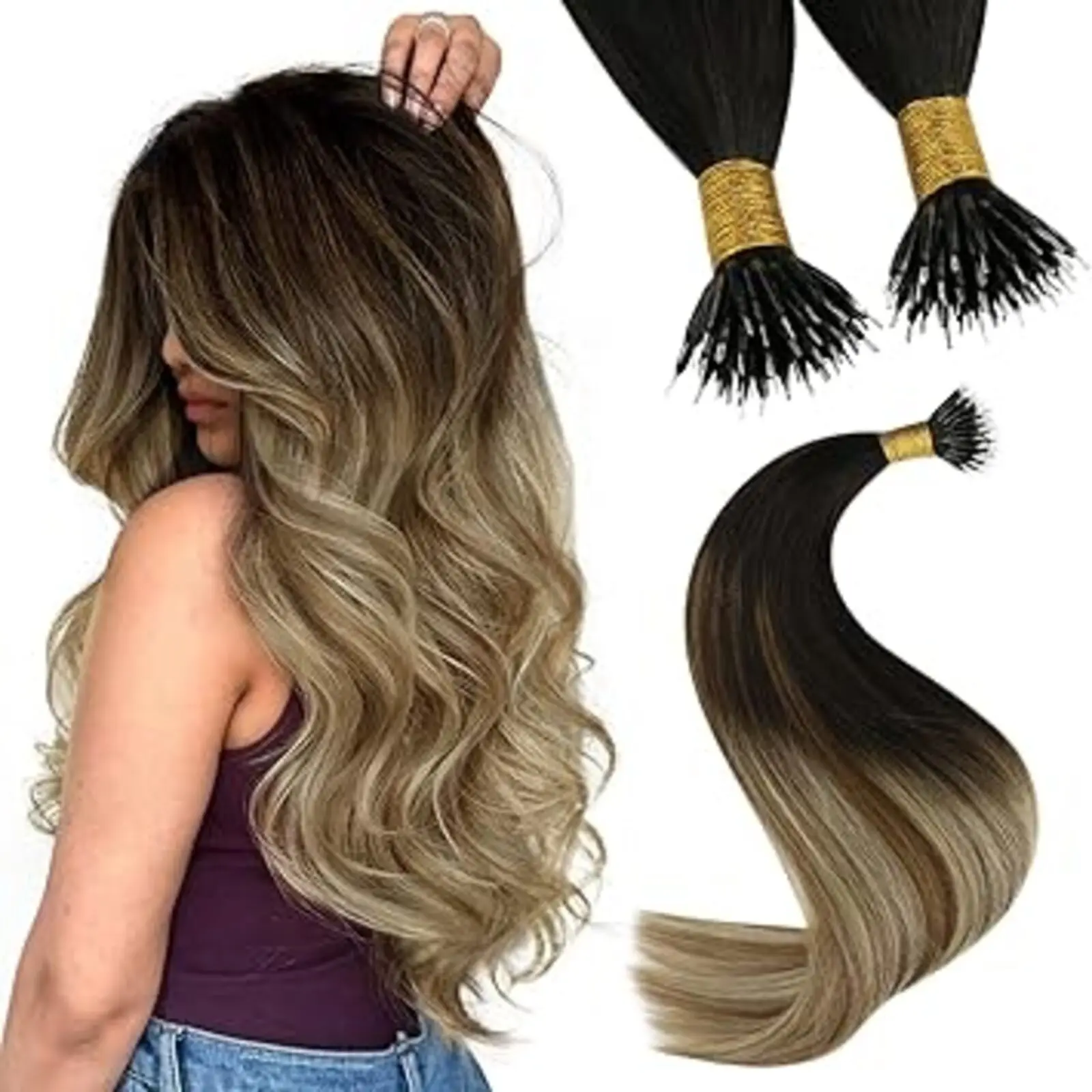 

YoungSee Nano Ring Hair Extensions Keratin Fusion Balayage Color Real Human Hair 14-24inch Remy Hair Extension Salon Quality