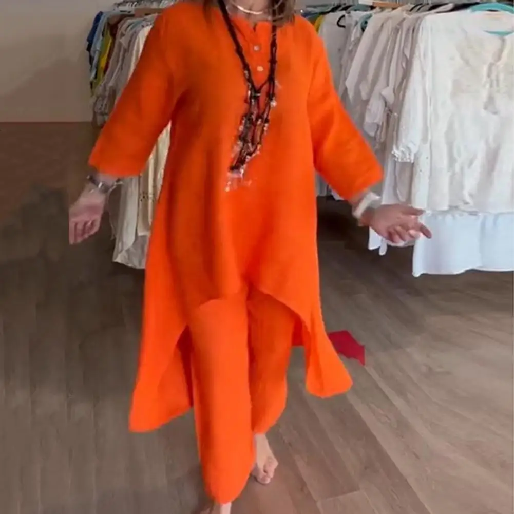 قميص نسائي كتان كاجوال وبنطال ساق واسعة ، بلوزة بأكمام طويلة ، بنطلون تنحنح غير منتظم ، ملابس الموضة ، طقم بدلات 2