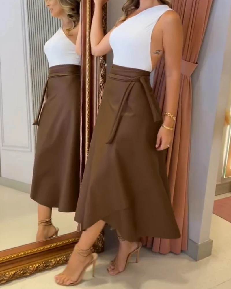 

Women's Skirt Summer 2025 Pu Leather Wrap Lace-Up Casual Mid-Length Skirt Work Skirt Simple Commuting Style Casual Retro Skirt
