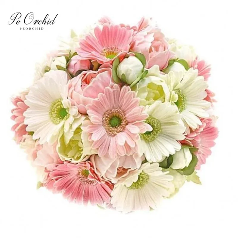 PEORCHID Artificial Ivory & Blush Bridal Bouquet Peonies Daisy Real Touch Luxury Cascade Wedding Bouquet For Bride Flowers