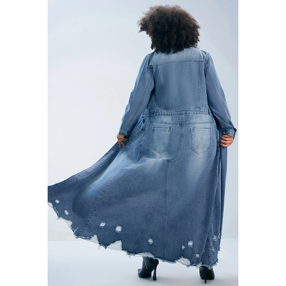 Plus Size Women's Long Coat Casual Light Blue Long Autumn And Winter Shirt Collar Ripped Slim Denim Coat