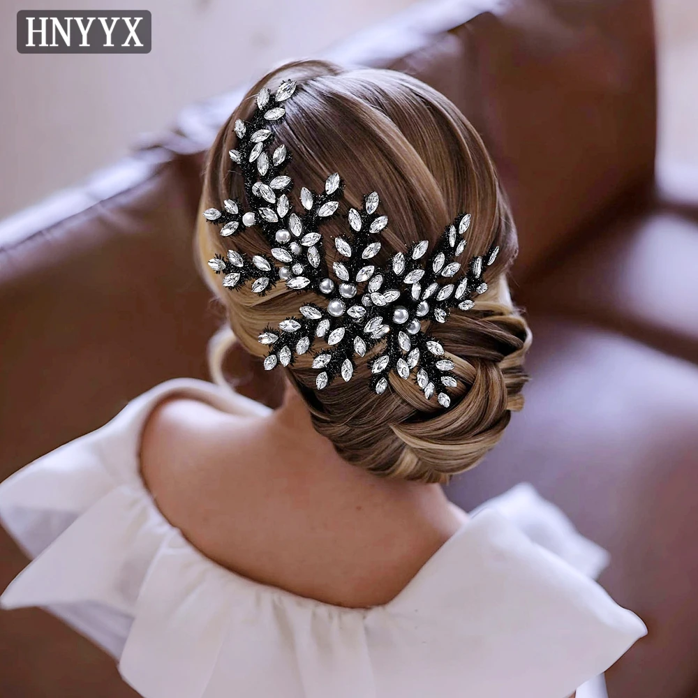 

HNYYX Hair Accessories Wedding Leaves Black Handmade Headpieces Sparkling Rhinestones Headdress Trendy Bridal Headwear A384