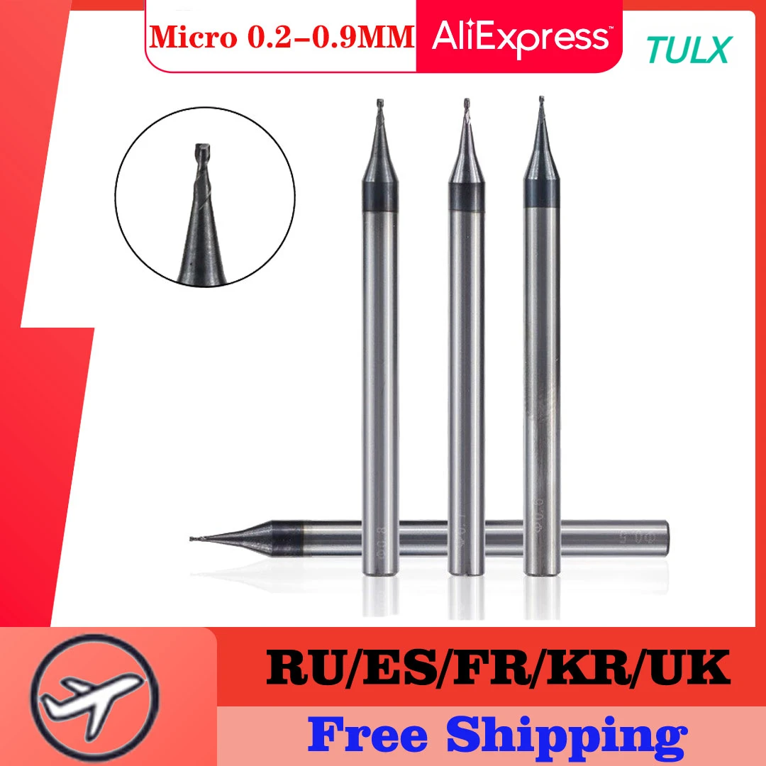 

TULX High Quality 0.2-0.9mm Micro 2 Flutes Flat End Mill CNC Router Bit 4mm Shank Tungsten Carbide End Mill Mini Milling Cutter