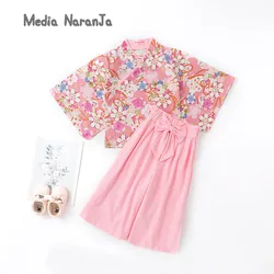 Girls spring and autumn baby infant toddler long-sleeved kimono suit pink floral top kimono holiday Purim Halloween holiday