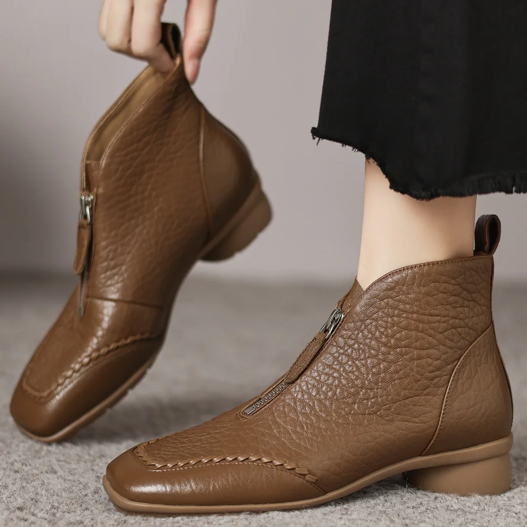 

Women's sheepskin square toe front zip flat autumn ankle boots high quality soft comfortable casual female short booties shoes