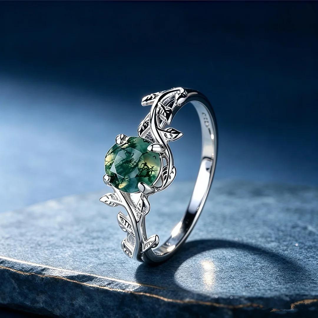 925 Sterling Silber Eleganter Vielseitiger Ring für Damen mit Moosachat und Aquatischem Pflanzenachat, Verstellbarer Offener Ring – Detail 3