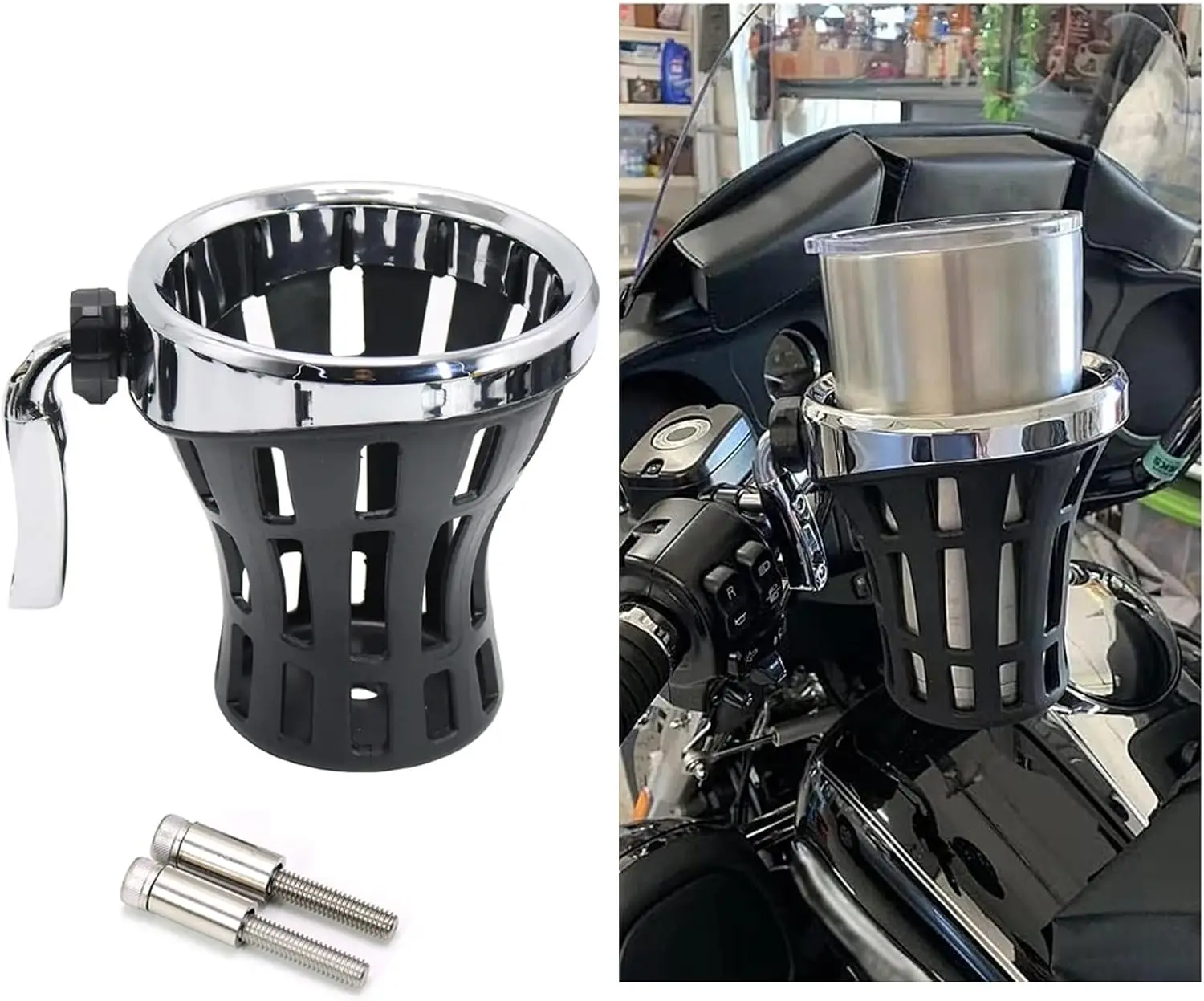 

Motorcycle Handlebar Drink Cup Holder Plated and Rubber Chrome/Black Mount for Harley Davidson Passenger Water Bottle