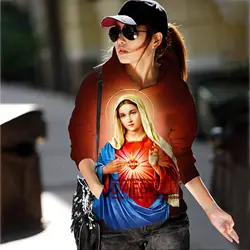 Sweat-shirt à capuche imprimé vierge marie 3D pour femmes, pull à manches longues, avec jésus, motif chrétien, décontracté, avec poche