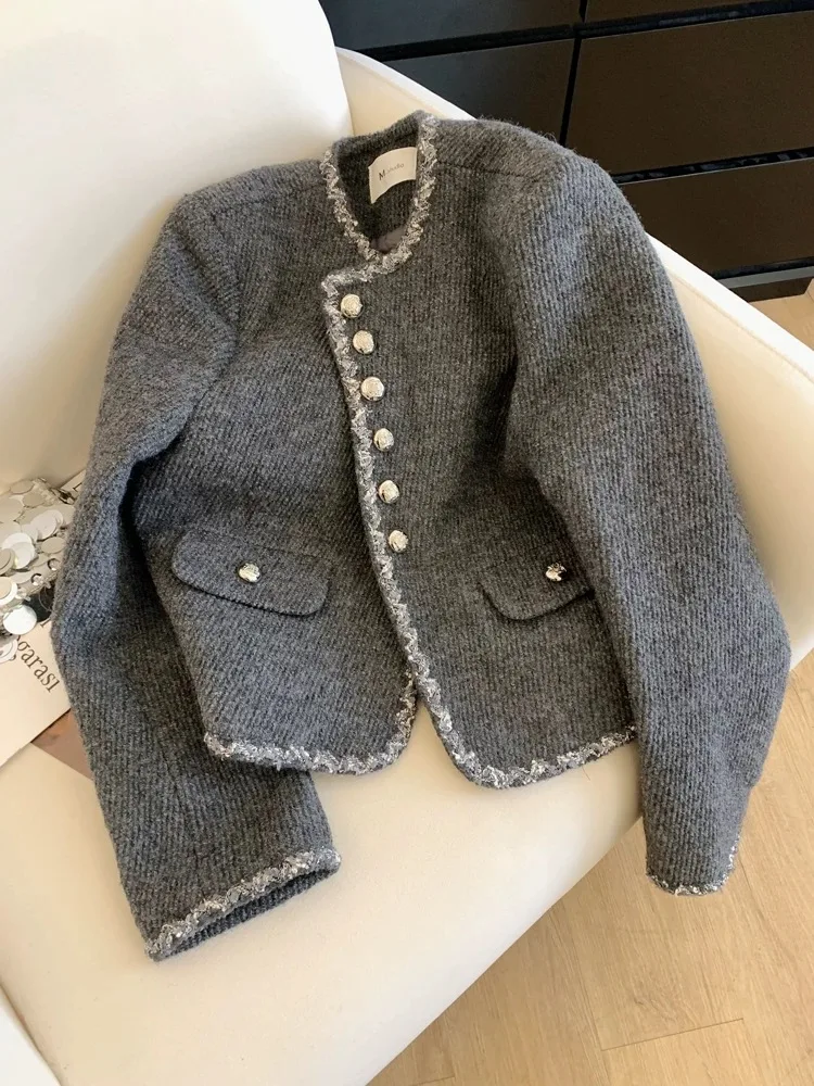 

Серая стеганая французская куртка с передними плечами, темперамент знаменитостей, ароматная куртка, женские изысканные пальто