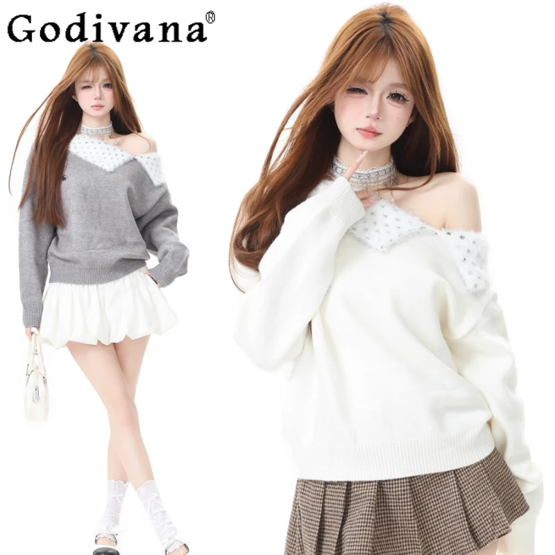 

Лоскутный асимметричный свитер в горошек для женщин, осенне-зимние мягкие джемперы, женские вязаные свитера в японском стиле